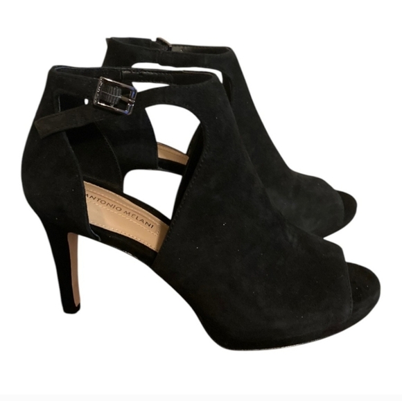 Antonio Melani Black Suede Open Toe Heels Size 6 - Picture 1 of 4